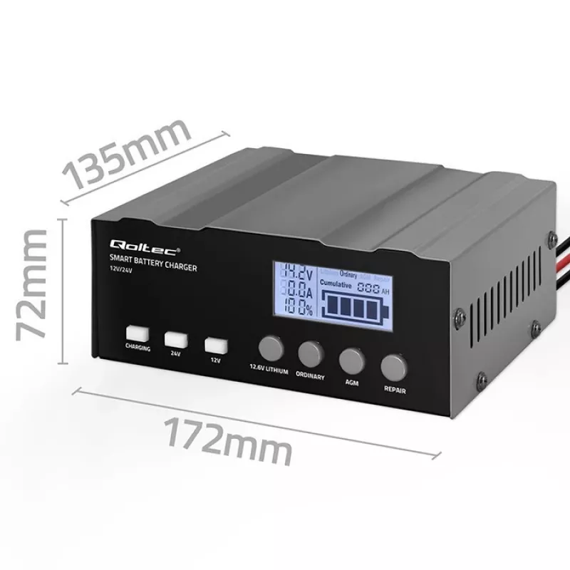 Acculader QOLTEC 52491 microprocessor 12V/12,6V/24V met LCD