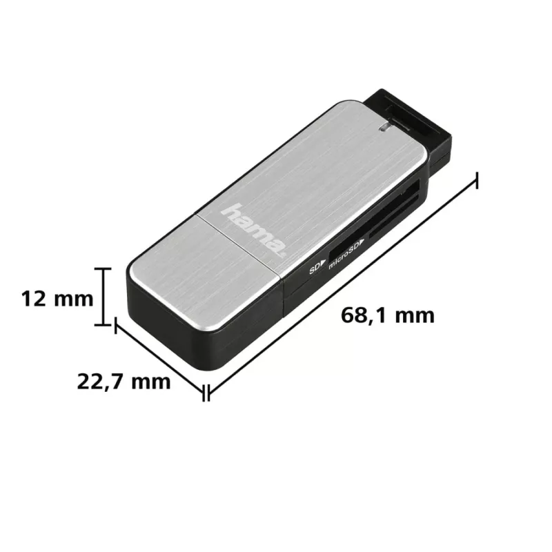 Hama 123900 USB 3.0-kaartlezer SD/microSD, aluminium, zwart/zilver