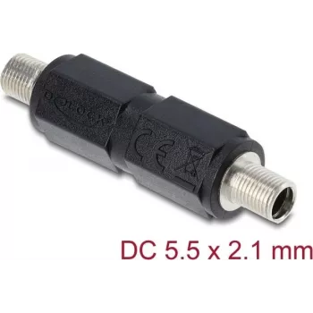 Adapter DELOCK DC-holystekker 5,5 x 2,1 mm bus-naar-bus met schroefdraad, recht, zwart