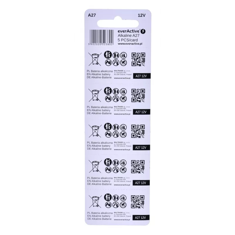 everActive 27A5BL 27A alkalinebatterij 12 V, blister van 5 stuks, 7,6 x 27,3 mm