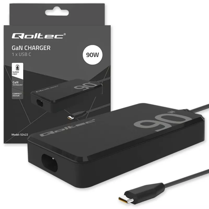 Qoltec 90W GaN Super Fast SLIM wandoplader | XP | 5-20V | 4,5A | USB-C 3.1 | laptop | MacBook | smartphone | + kabel