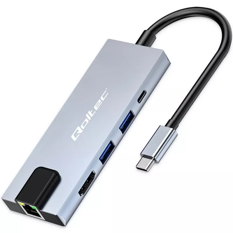 USB-C-hub QOLTEC 53795 5-in-1 met 100W PD, 2×USB-A, HDMI 4K, RJ45
