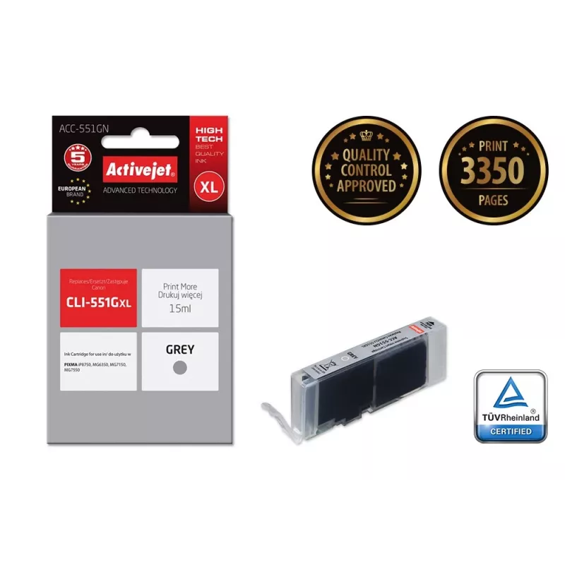 Inktpatroon ActiveJet ACC-551GN — compatibel Canon CLI-551GXL, grijs, High (XL) 15 ml