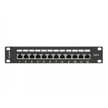 Patchpanel LANBERG PPF6-9012-B — 12-poorts RJ45, metaal, zwart, 1U (215×44,5×130 mm)