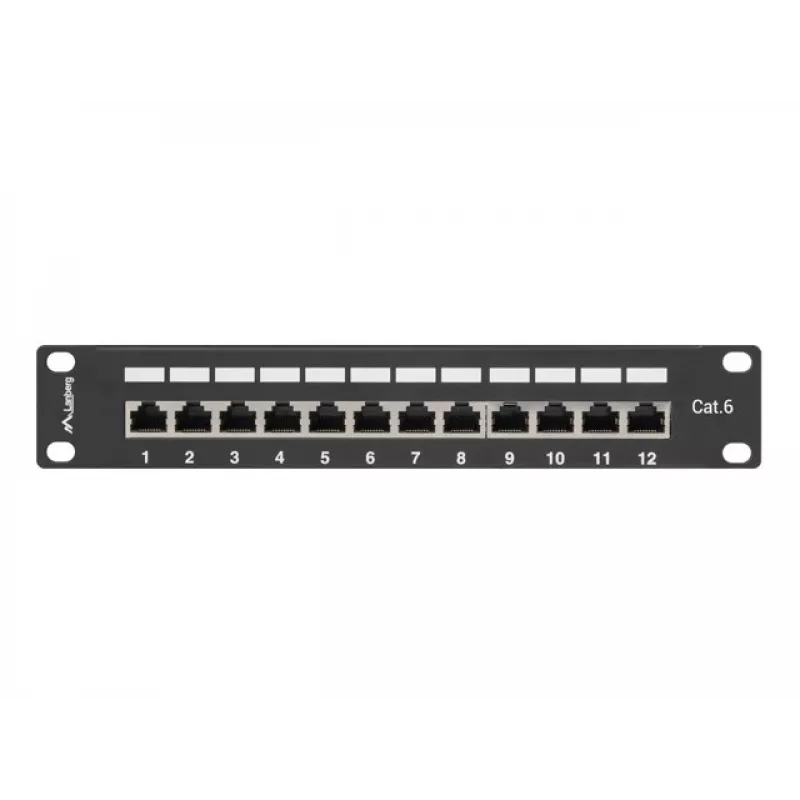 Patchpanel LANBERG PPF6-9012-B — 12-poorts RJ45, metaal, zwart, 1U (215×44,5×130 mm)
