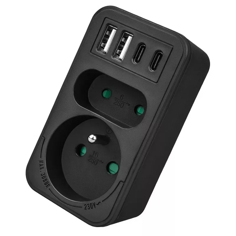 Power splitter MACLEAN MCE249 F/B – 2 AC-stopcontacten (16A + 6A) met 2×USB-A en 2×USB-C PD 20W, EU-stekker, zwart
