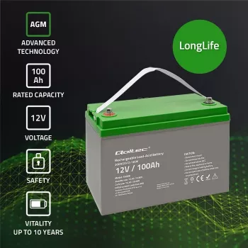 Qoltec 53038 AGM-accu | 12V | 100Ah | max 1200A