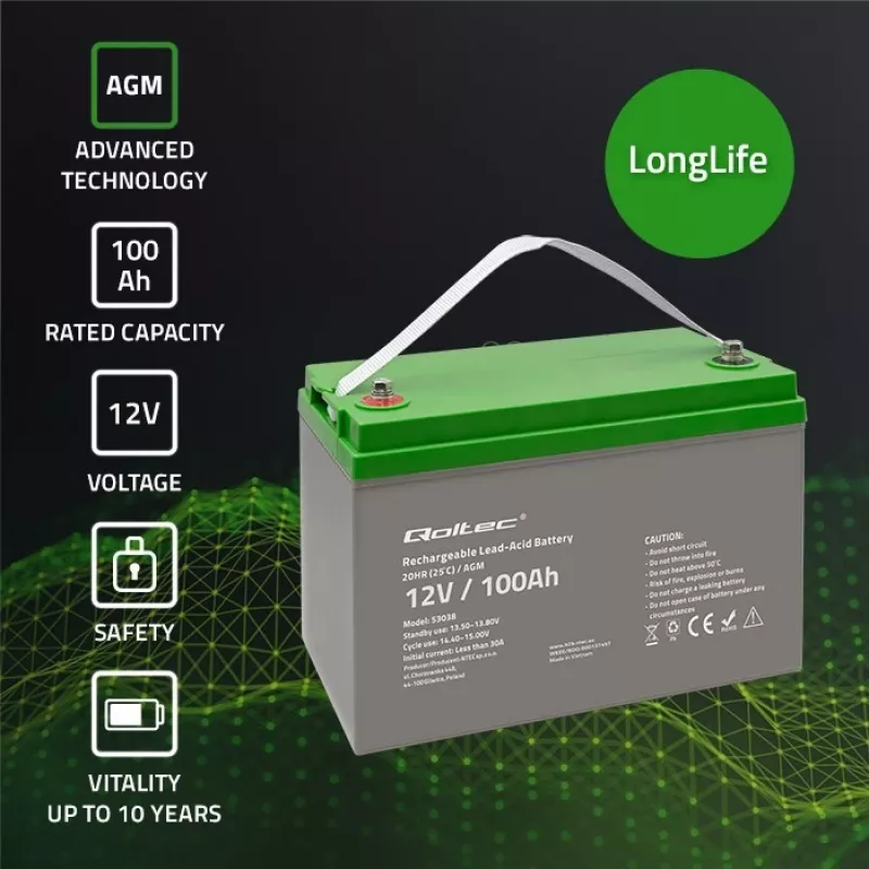 Qoltec 53038 AGM-accu | 12V | 100Ah | max 1200A