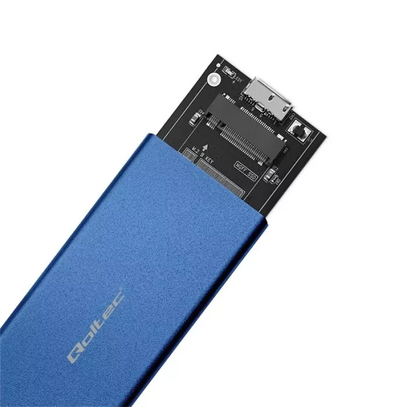 SSD-behuizing QOLTEC 51832 — externe M.2 SATA, USB 3.0, tot 2 TB, blauw, ondersteunt 30 mm drives, 4 slots