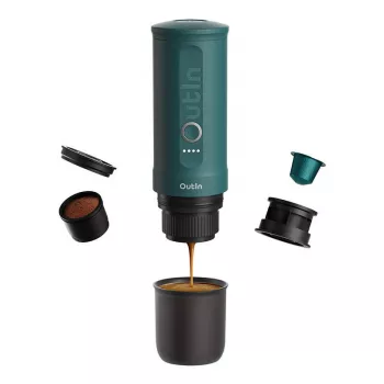 Draagbare espressomachine OUTIN Outin Nano zwart turquoise — 20 bar, koffiepoeder, 7500 mAh accu, 0,67 kg