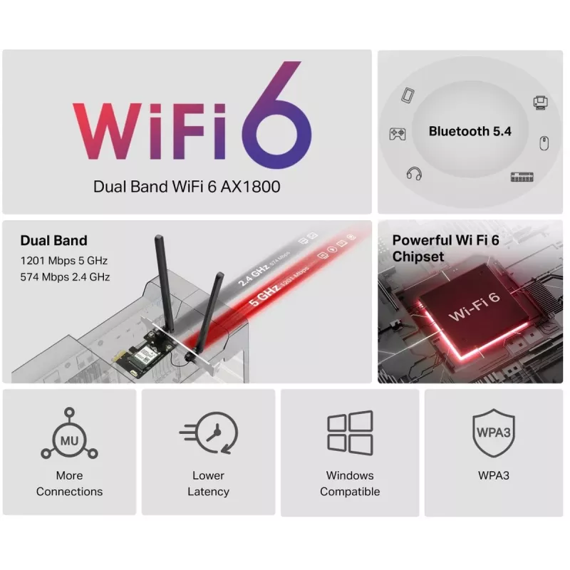 Mercusys MA70XE AX1800 Wi-Fi 6 Bluetooth PCI Express-adapter, dualband