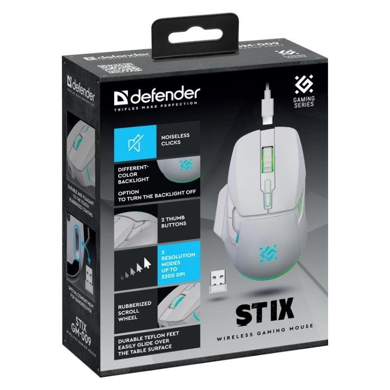 Draadloze muis DEFENDER Stix GM-009 RF — optisch 3200 DPI, 6 knoppen, dubbelhandig, USB RF, op batterij, wit