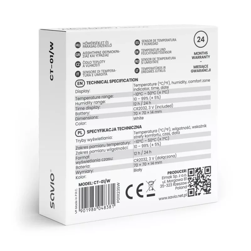 Binnenruimte temperatuur- en vochtigheidssensor SAVIO CT-01/W, LCD-display, -10–55 °C, 10–99 % rV, batterij CR2032
