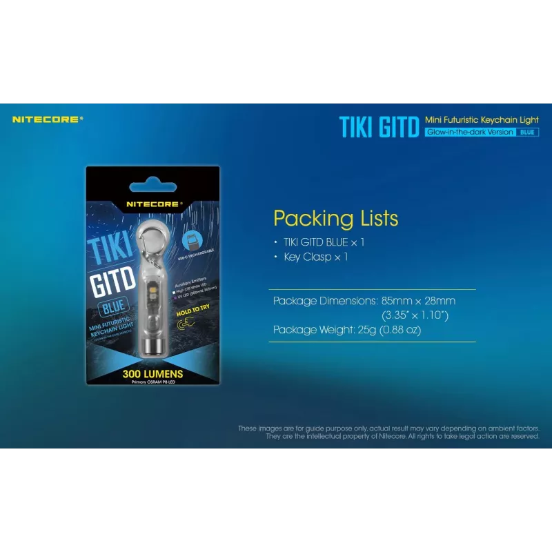 Nitecore TIKI GITD BLUE zaklamp, T-serie, 300 lumen