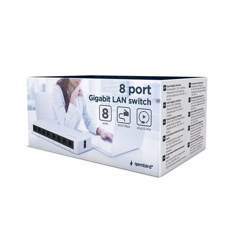 Unmanaged switch GEMBIRD NSW-G8-01 – 8× Gigabit Ethernet (10/100/1000), wit, DC 5V