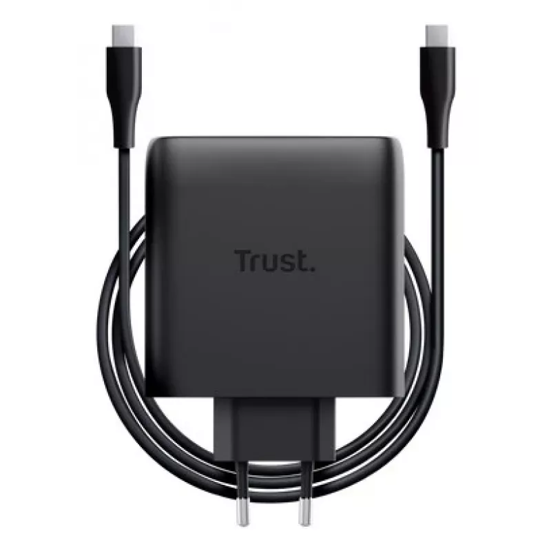 TRUST Maxo 100W 2-poorts USB-C GaN oplader — 100 W, 2× USB-C, max. 20 V, 2 m kabel, zwart