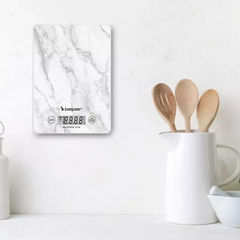 Keukenweegschaal Beper P102BIL004 - digitaal, 5 kg, 1 g, wit marmer