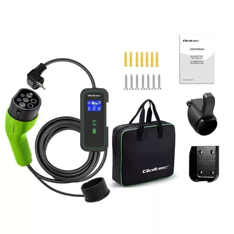 Qoltec Mobiele EV-autolader Verstelbaar 2in1 Type2 | 3.5kW | 230V | Wi-Fi | LCD | Draagbaar | Wallbox | 5m