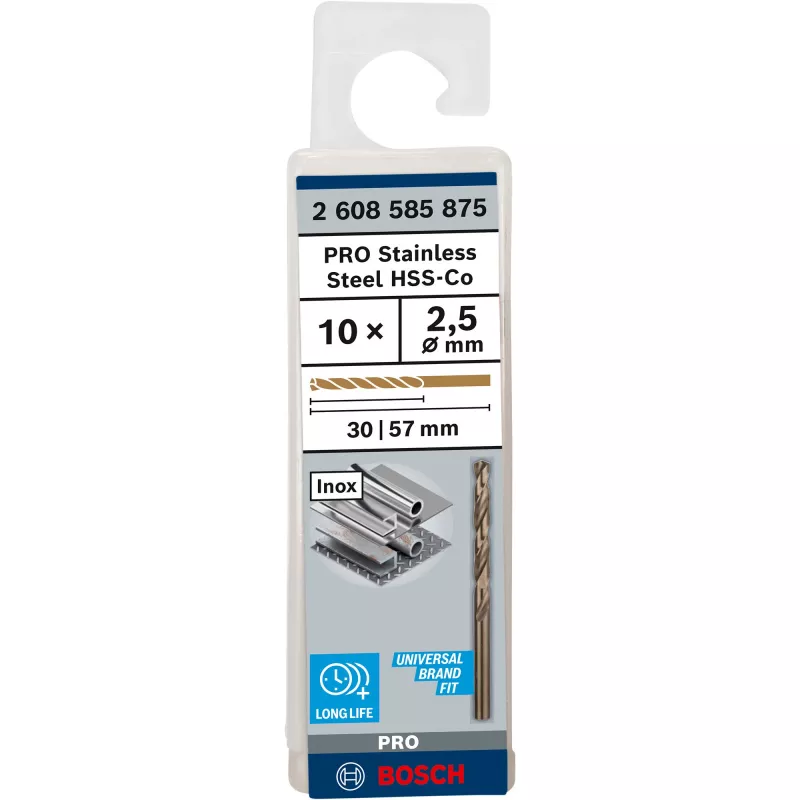 Bosch 2 608 585 875 PRO Stainless Steel HSS-Co spiraalboren, Ø 2,5 mm, werklengte 30 mm, cilindrische schacht, 10 st.