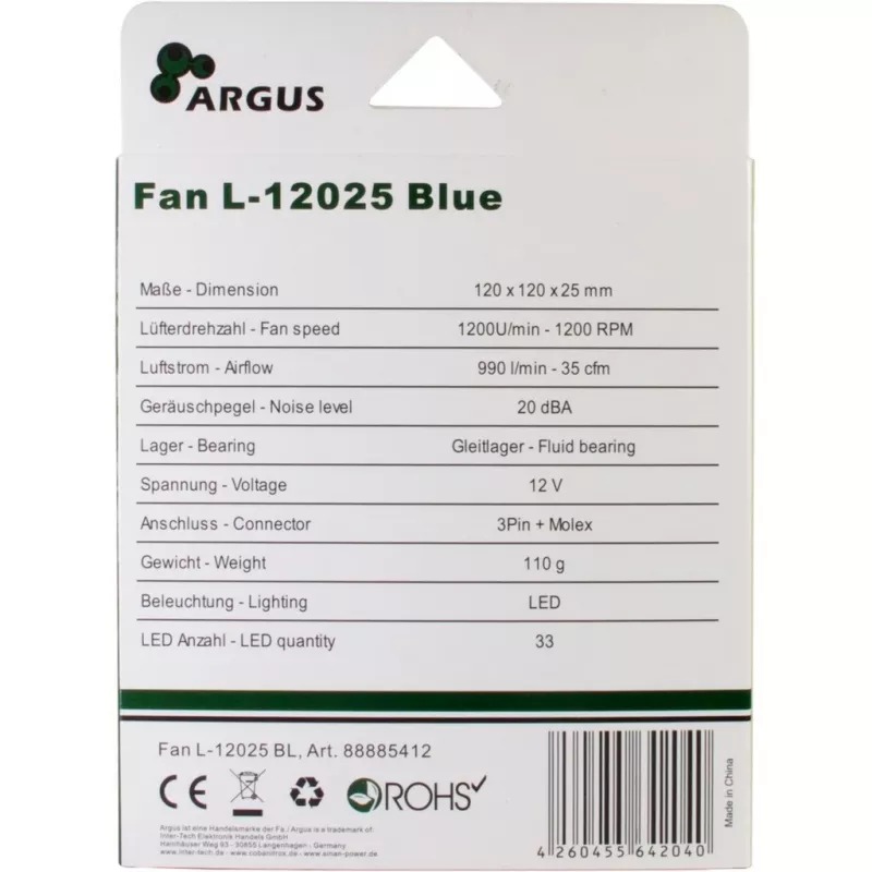 INTER-TECH Argus L-12025 120mm blauwe LED behuizingsventilator