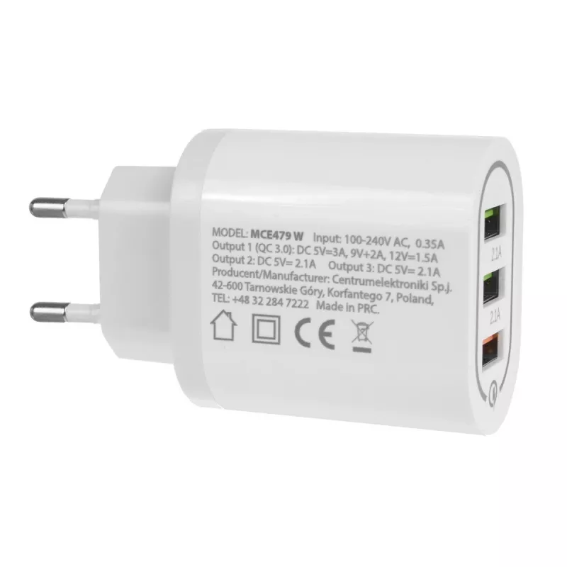 Wandlader MACLEAN MCE479W — 3-poorts USB-snellader, 18W totaalvermogen