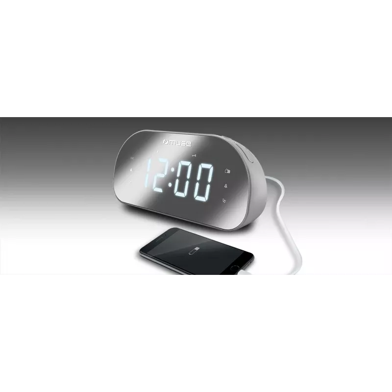 Klokradio Muse M-170CMR — digitale klokradio, 1,2 inch led-display, FM, AC 230V, AAA-back-up, spiegel/wit