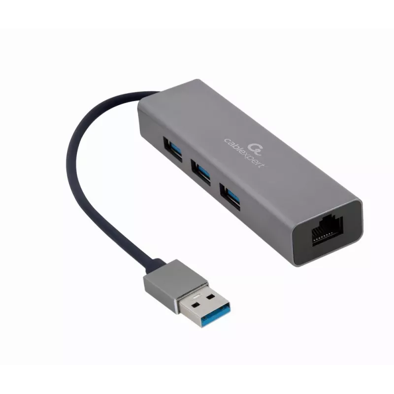 Gembird A-AMU3-LAN-01 USB-A naar Gigabit LAN-adapter met 3-poorts USB 3.0-hub, zwart