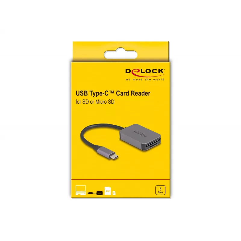DeLOCK USB Type-C-kaartlezer aluminium SD Micro SD 5000 Mbit/s