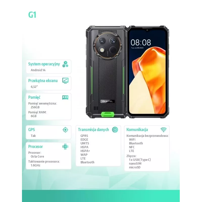Oukitel G1 6.52 6/256GB 10600 mAh DS. groen