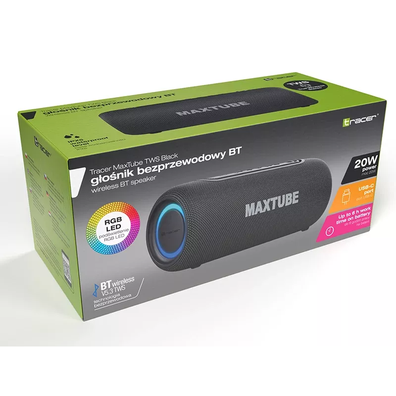 Luidspreker TRACER MaxTube 20W TWS Bluetooth, zwart — draagbaar draadloos geluid, stereogeluid