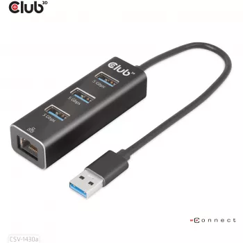 USB-hub CLUB3D USB 3.2 Gen1 Type-A met 3 aansluitingen en Gigabit-Ethernet