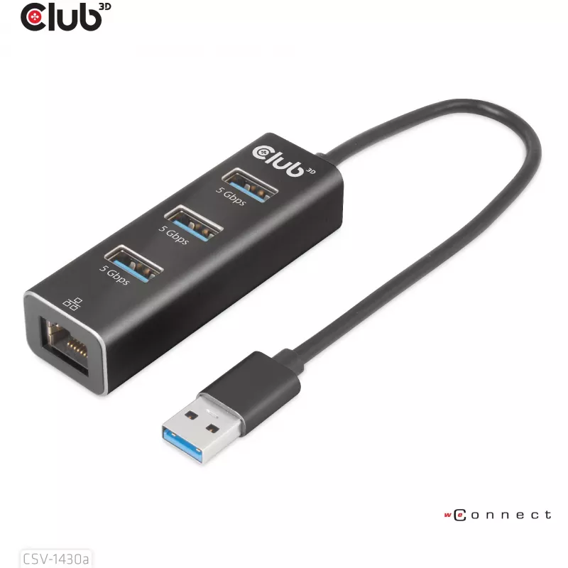 USB-hub CLUB3D USB 3.2 Gen1 Type-A met 3 aansluitingen en Gigabit-Ethernet