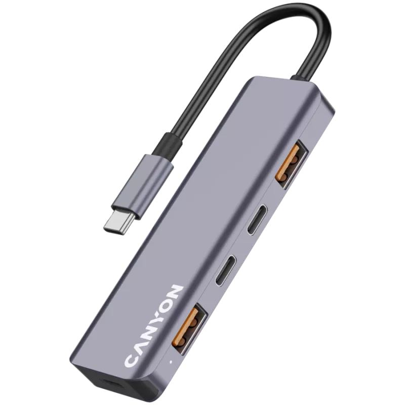 Canyon DS-18 - USB-C hub - 5 poorten - 1x USB-C 5V DC opladen - 2x USB-C - 10 Gbit/s - 2x USB 3.2