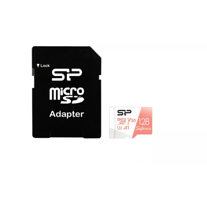 MicroSDXC-kaart Silicon Power Superior 128GB UHS‑I Class 10 U3 V30, 100/80 MB/s, wit/perzik