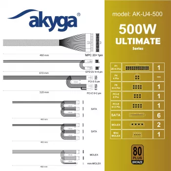 Akyga Ultimate AK-U4-500 ATX-voeding 500 W, 80 PLUS Bronze, actieve PFC, 120mm-ventilator