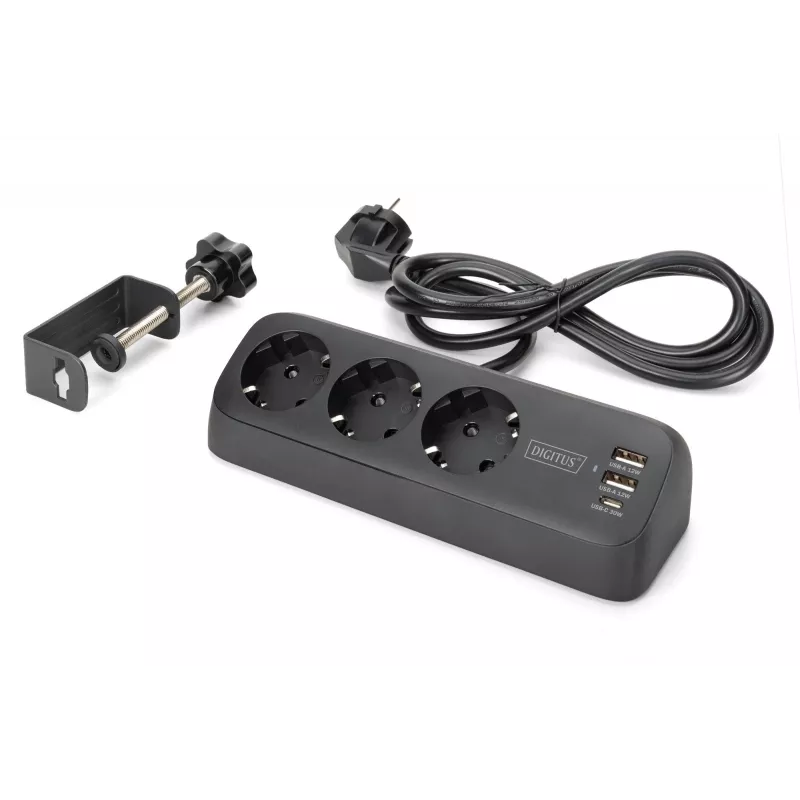 Meervoudig stopcontact DIGITUS 3-voudig met 2×USB-A & 1×USB-C, 3 AC-stopcontacten type E/F, 1,5 m kabel, zwart