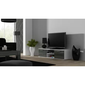 Tv-standaard cama meble SOHO 140 — 1400×430×370 mm, witte bovenzijde, spaanplaat, wit frame, wit/grijs glanzend
