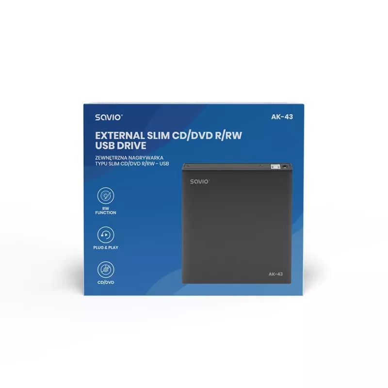 Externe slanke dvd±rw-drive SAVIO AK-43, USB 2.0, zwart, ondersteunt cd/dvd lezen/schrijven (24x cd, 8x dvd)