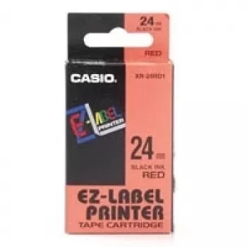 Etikettenrol CASIO XR-24RD1 — zelfklevende etiketten zwart op rood, 2,4 cm × 8 m, 1 rol