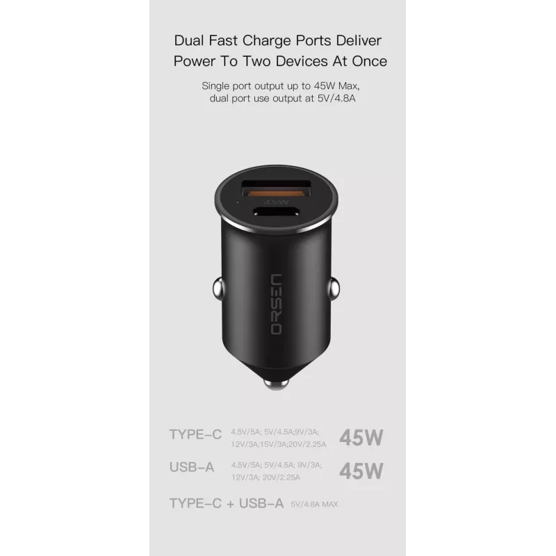 Autolader Orsen C8 45W — 45W USB-C PD snelladen, zwart