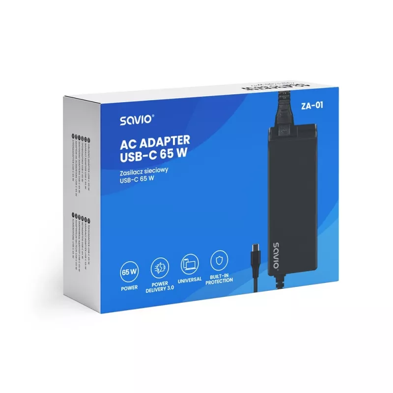 Binnen-AC-oplaadapparaat SAVIO ZA-01, 65W USB-C PD 3.0, 100–240V ingang, enkele aansluiting, zwart
