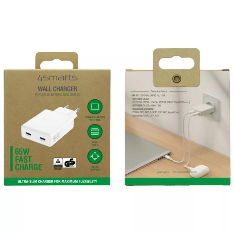 Oplader PDPlug Dual 65W GaN 2xUSB-C wit