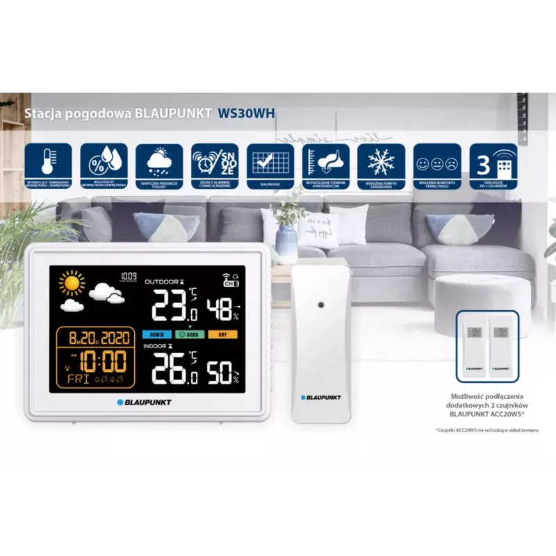 Weerstation BLAUPUNKT WS30WH — binnen- en buitentemperatuur- en luchtvochtigheidsmonitor