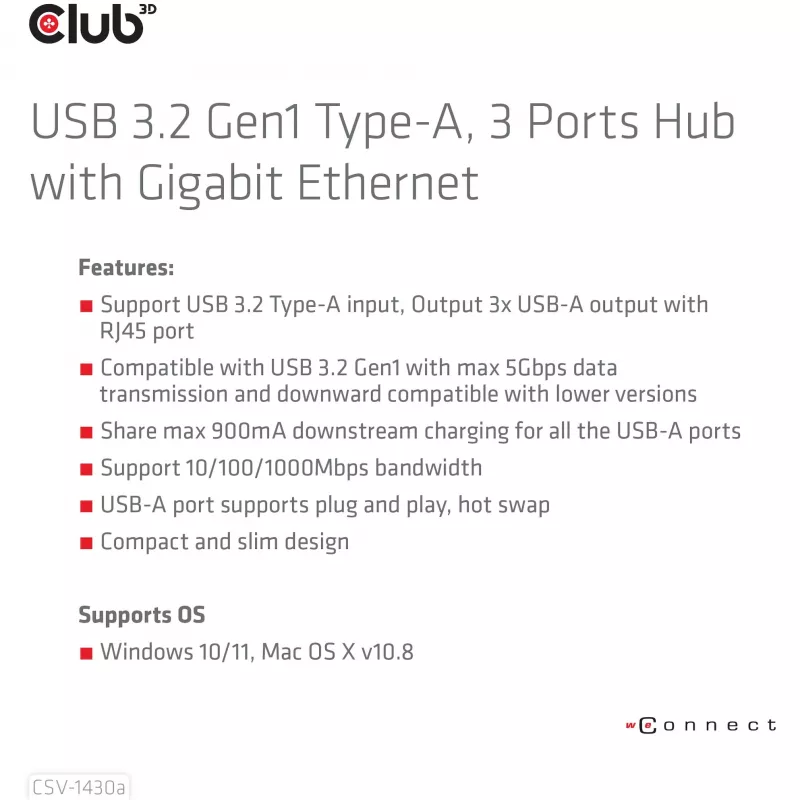 USB-hub CLUB3D USB 3.2 Gen1 Type-A met 3 aansluitingen en Gigabit-Ethernet