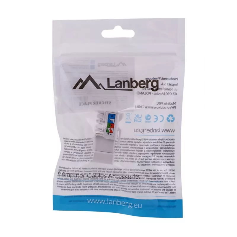 Keystone-module LANBERG KSU6-1090, Cat6 U/UTP plat, RJ-45 stekker naar LSA-bus, AWG 22/26, 14.5×16.1 mm, wit