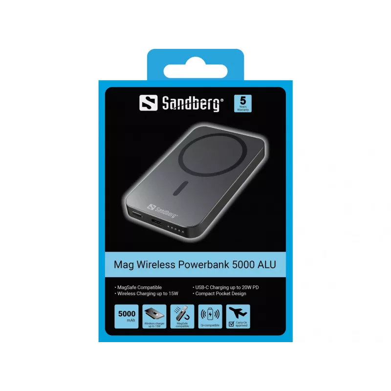 Draagbare powerbank Sandberg Mag draadloze powerbank 5000 ALU, 5000 mAh