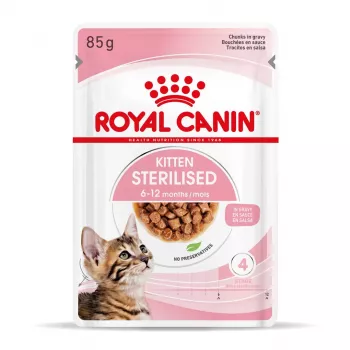 Nassfutter voor katten Royal Canin Sterilised Gravy, 12 x 85 g zak — kip, voor gecastreerde kittens, 11% eiwit, 80,5% vocht