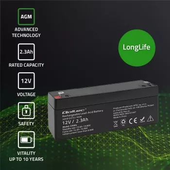 Verzegelde AGM-accu QOLTEC 12V 2,3Ah voor UPS- en back-upsystemen, max. ontlading 34,5A