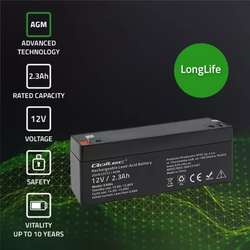 Verzegelde AGM-accu QOLTEC 12V 2,3Ah voor UPS- en back-upsystemen, max. ontlading 34,5A