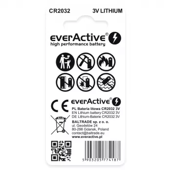 Lithiumknoopcel everActive CR2032 — 3V, 20 mm, 2 stuks blisterverpakking
